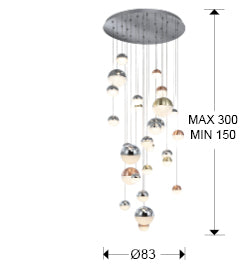 Medidas Lámpara Sphere Schuller 793960GK: Ø83cm, Alto 220cm (min 150cm, máx 500cm), Florón Ø75cm x 6cm. Peso 23.86kg.