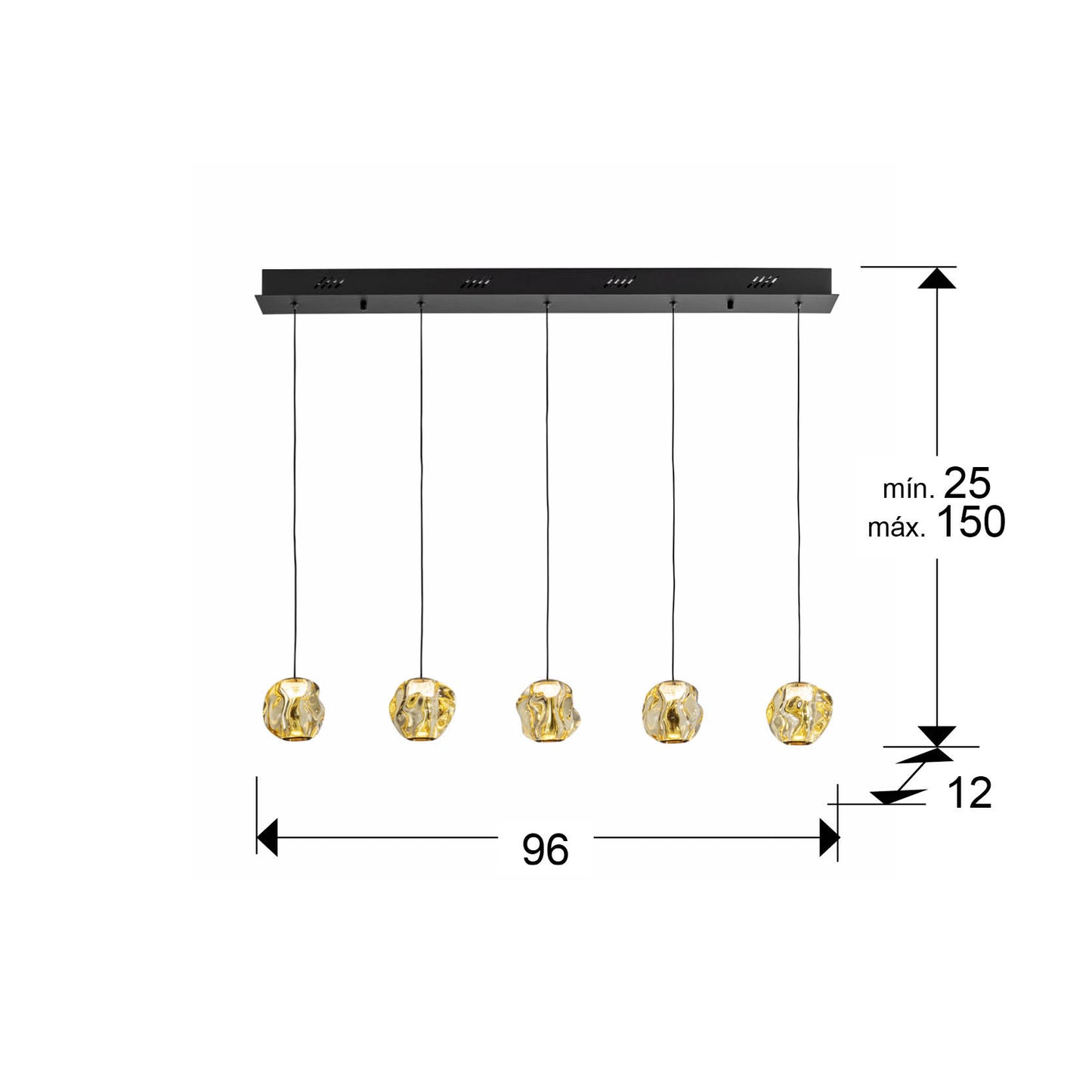 Medidas Lámpara Schuller Zaria 5 Luces (Ref. 502528): 96x10x12 cm, altura regulable 25-150 cm.