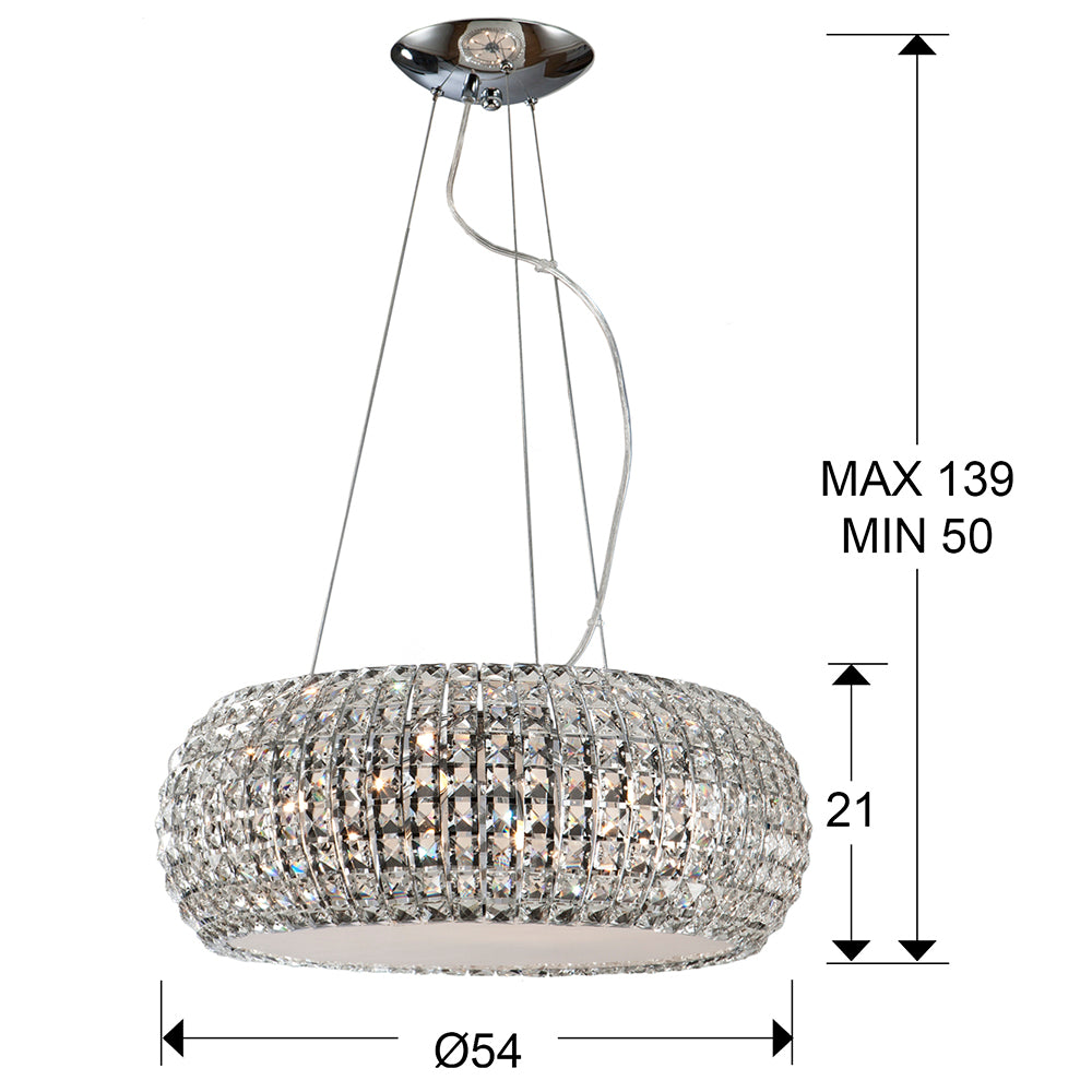 Medidas colgante Schuller Diamond 507514: 54x21x54 cm (ancho x alto x profundo). Altura regulable de 50 a 140 cm. Incluye 9 bombillas G9 (6W). Luzguru.com