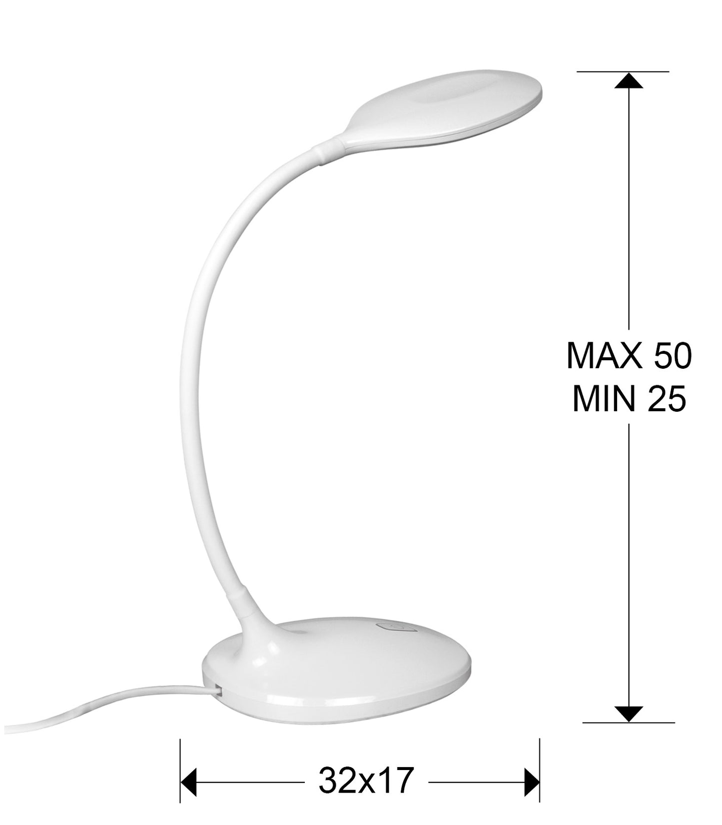 Medidas Lámpara Sobremesa LED Scoop Blanco Schuller 552758: 32x42x17cm (AnchoxAltoxProfundo), altura regulable 25-50cm.