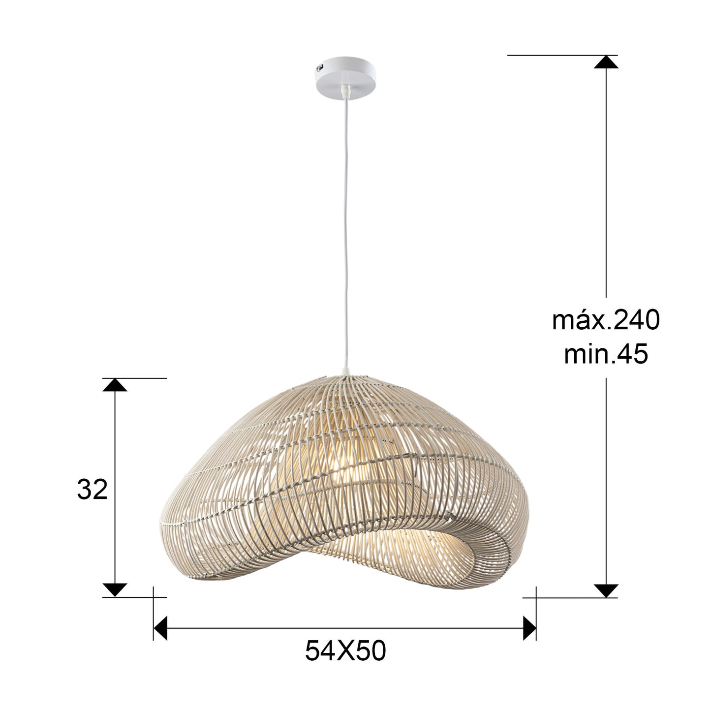 Medidas Lámpara Ratán Sabah Blanco Schuller 567592: 55x32x52cm. Ancho pantalla 54cm, alto 30cm, profundidad 50cm. Florón 10cm diámetro, 3cm alto.