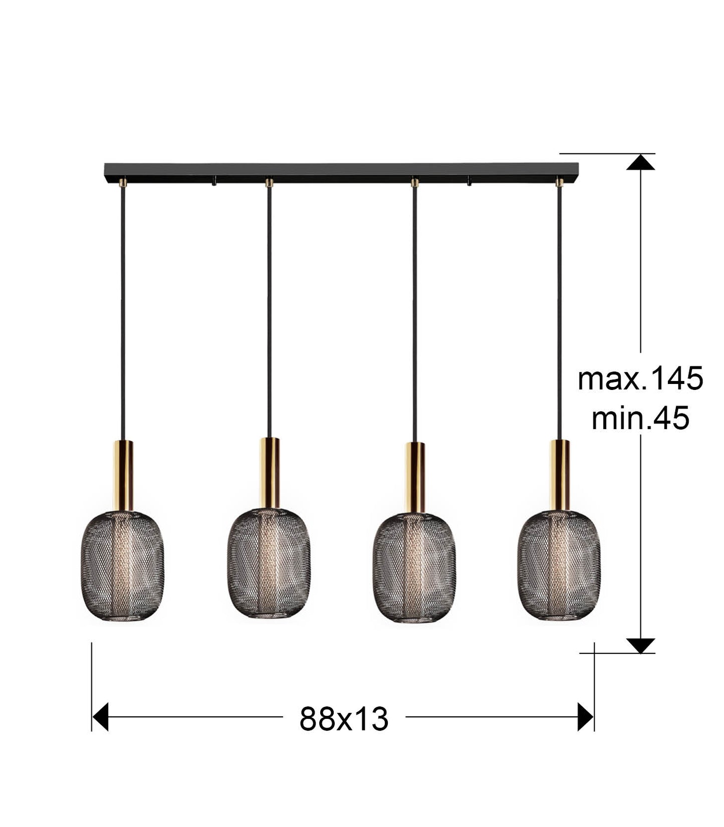 Medidas Lámpara Schuller MICRON 4 Luces Oro/Negro (Ref. 413794): 88x30x13 cm. luzguru.com
