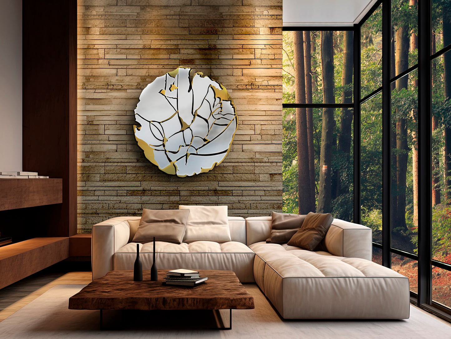 Escultura de pared Fiorella dorada SCHULLER - Ref. 371643. Acero inoxidable cromado con baño dorado brillante. Montaje horizontal y vertical. LUZGURÚ.