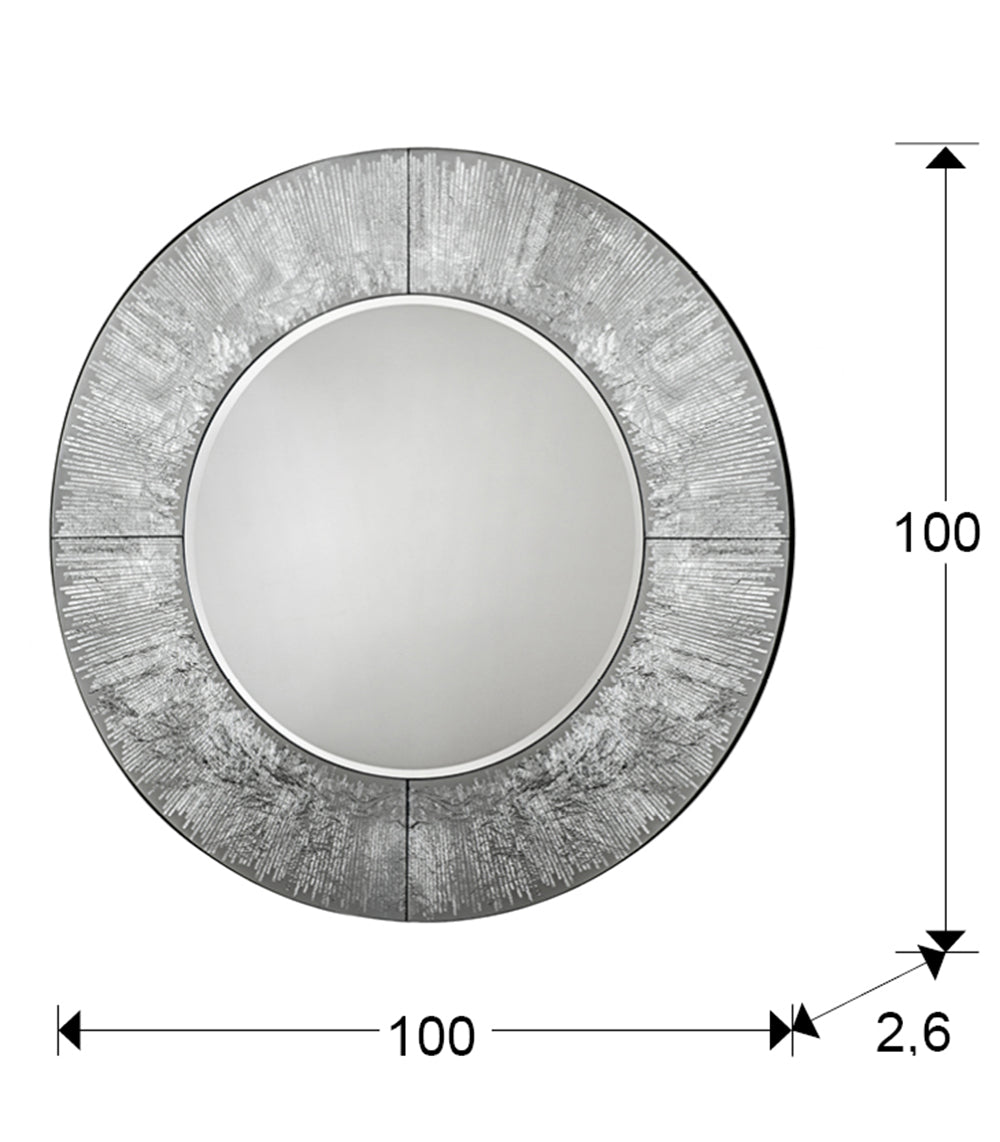 Espejo Redondo Schuller Aurora Plata 593364: Diámetro 100cm, Luna 63cm, Marco 19cm, Profundidad 2.5cm. Medidas detalladas del espejo de baño Schuller.