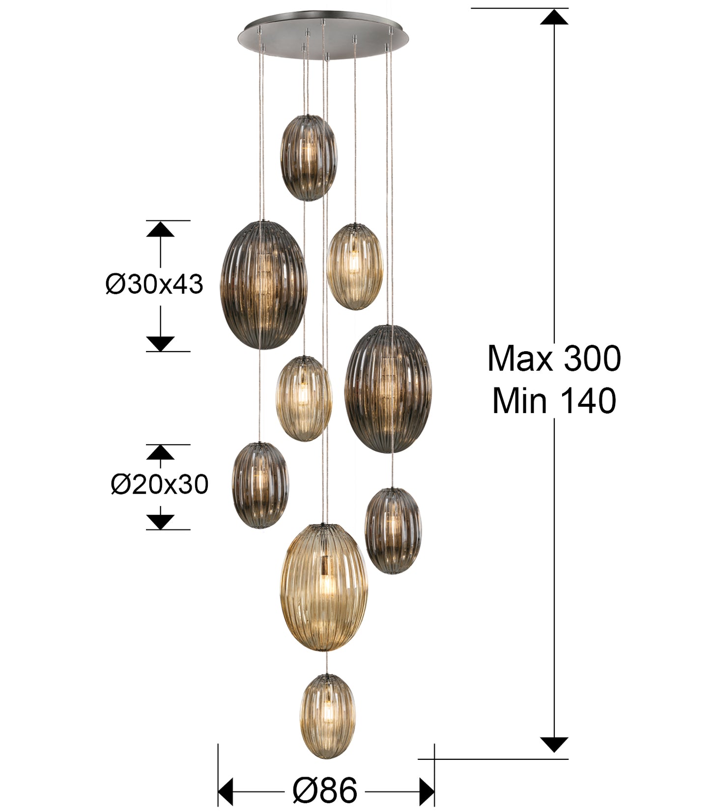 Medidas Lámpara Techo Schuller Ovila 9 Luces (Ref. 752367): Alto 230cm (min. 140cm, máx. 300cm), pantalla Ø30cm, altura pantalla 43cm, florón Ø60cm.