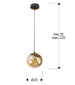 Medidas Lámpara Dark Schuller 439381: Alto 23cm, mín. 35cm, máx. 220cm. Diámetro tulipa 20cm, diámetro florón 12cm. Negro, latón, ámbar.