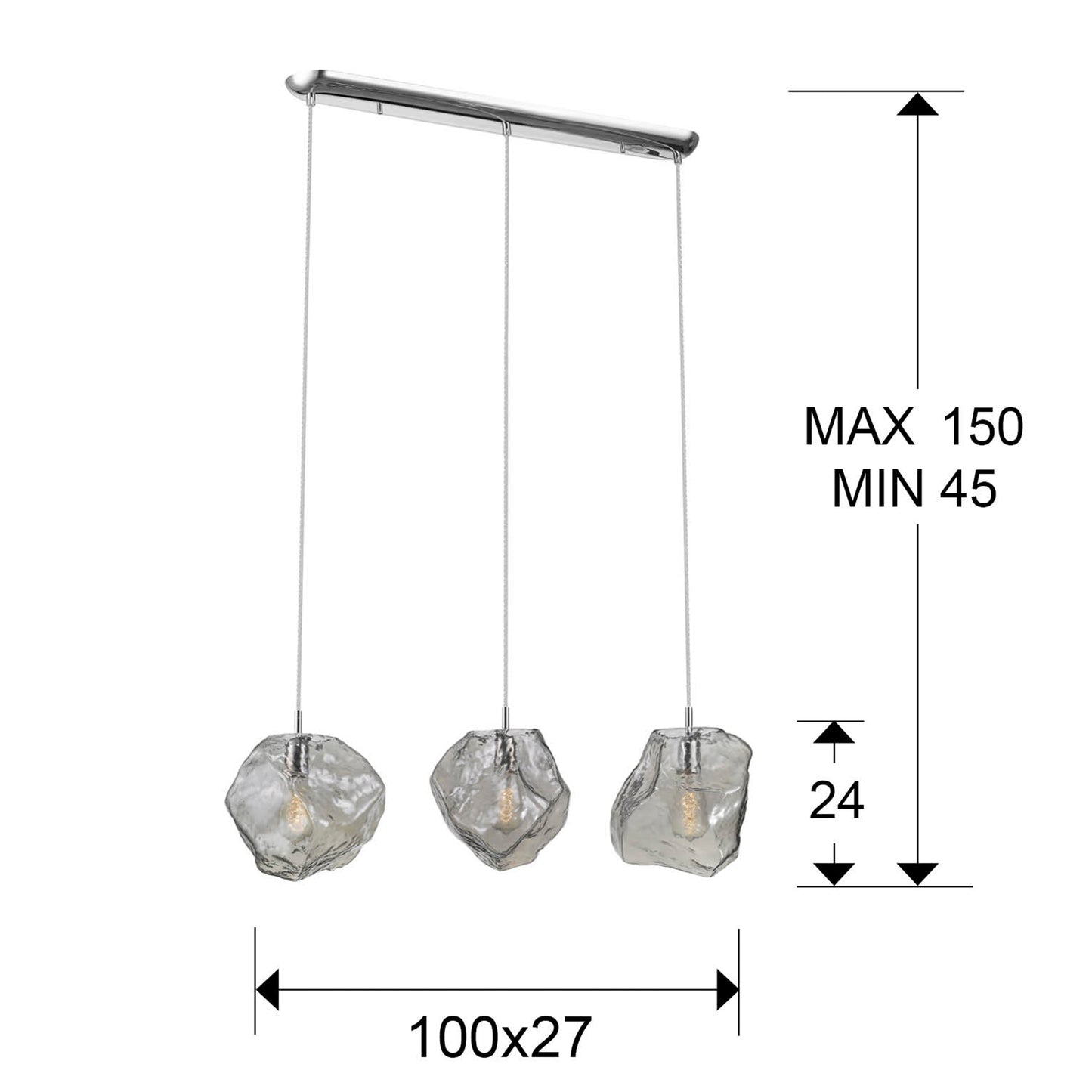 Medidas Lámpara 3 Luces Petra Cromado Schuller 213455: Ancho 100cm, Alto 30cm, Fondo 27cm, Altura min 45cm, Altura máx 150cm. Luzguru.