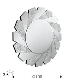 Medidas espejo Schuller Flavia Ø100cm (Ref. 678322): Ø100cm, profundidad 3.5cm, peso 17.4kg. Marco cristal con grafismo plata, trasera DM negro.