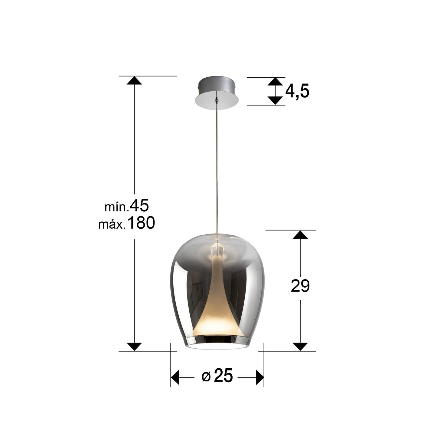 Medidas Lámpara Suspiro Schuller 724517: Ø25cm, Alto 45-180cm. Cromado/Smoke.