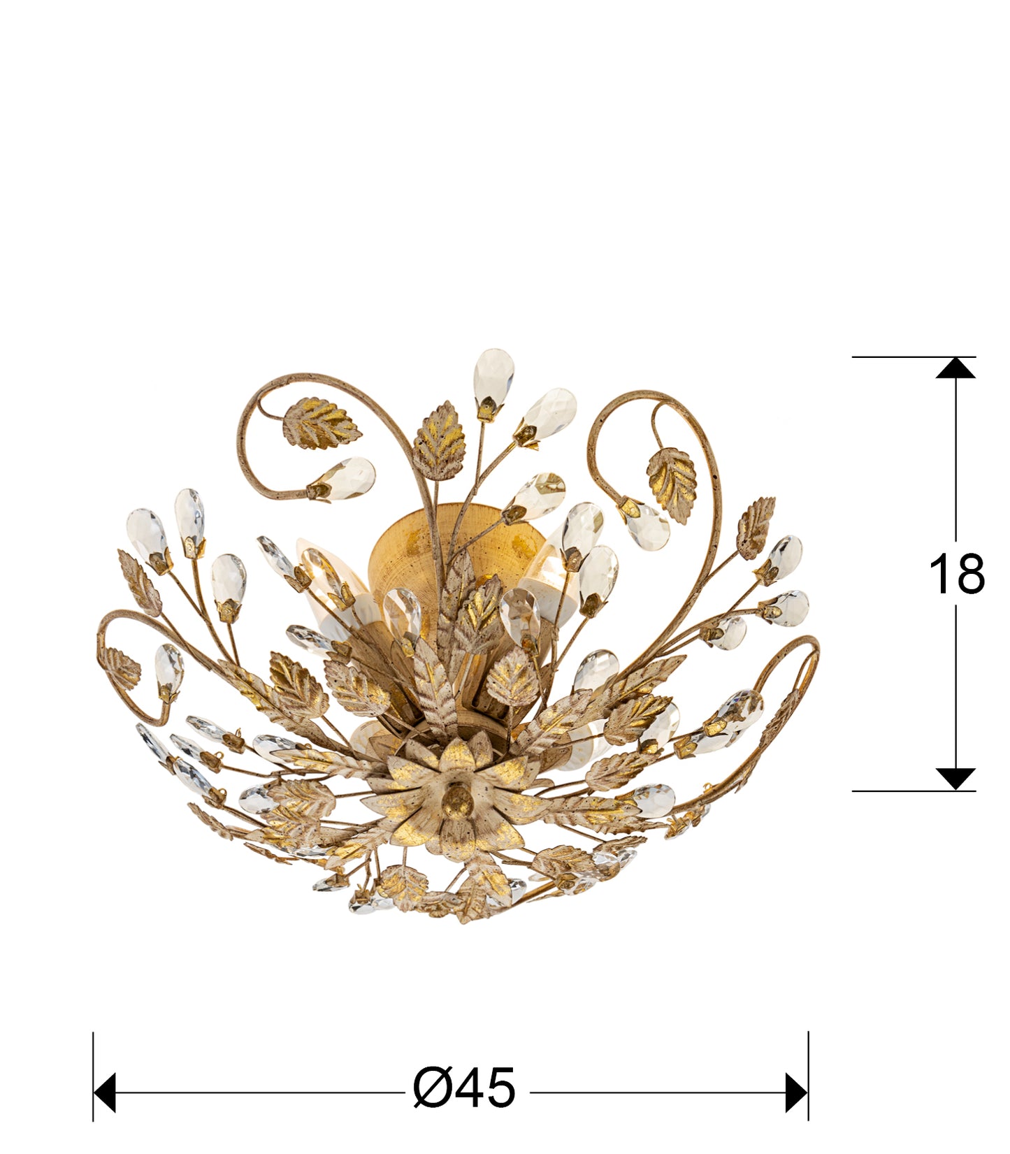 Medidas Plafón Verdi Marfil y Oro Schuller 481541: 45cm ancho x 18cm alto. Florón: 13cm diámetro x 6cm alto.