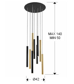 Medidas Lámpara Schuller Varas 9 Luces LED Dimmable Ref. 373272D: Ø42cm, Alto 50-140cm. Diseño oro brillo/negro mate.