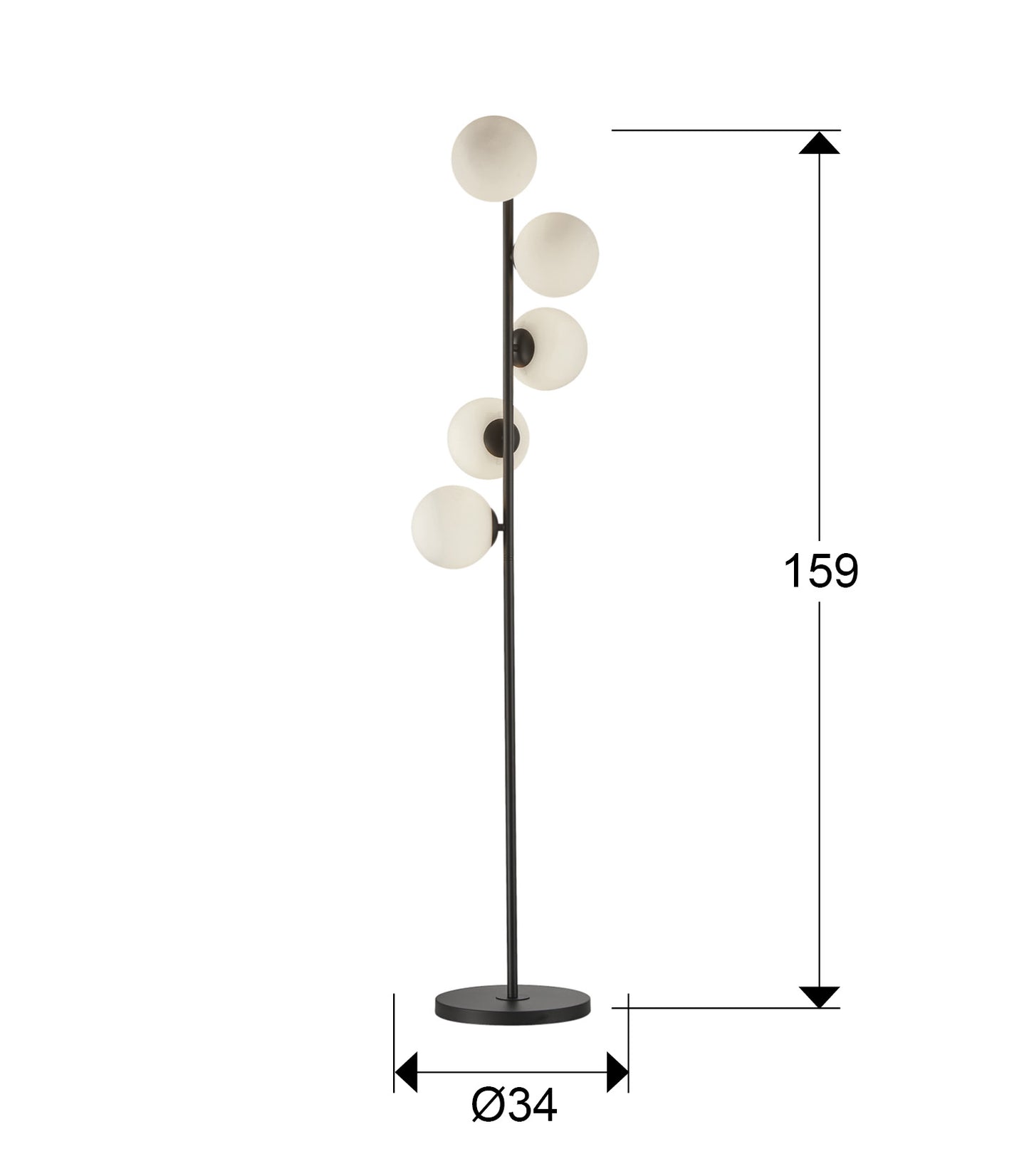 Medidas Lámpara Pie INOA Negra Schuller 494528: 159cm de alto, 6.7kg, 5 luces G9 (4W incluidas), tulipas de 15cm Ø. #Schuller #INOA #494528 #LámparaDePie #Iluminación
