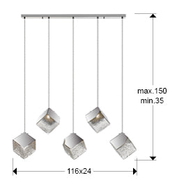 Medidas Lámpara Schuller Priscila 5 Luces Cromado (720588): 116x24x24 cm (Ancho x Alto x Profundo). Altura regulable 35-150cm. Incluye detalles de pantalla y florón.