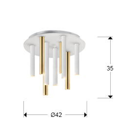 Medidas Plafón LED Schuller Varas 374064: Ø42cm, Alto 35cm, Florón Ø33cm x 3cm. Oro/Blanco.