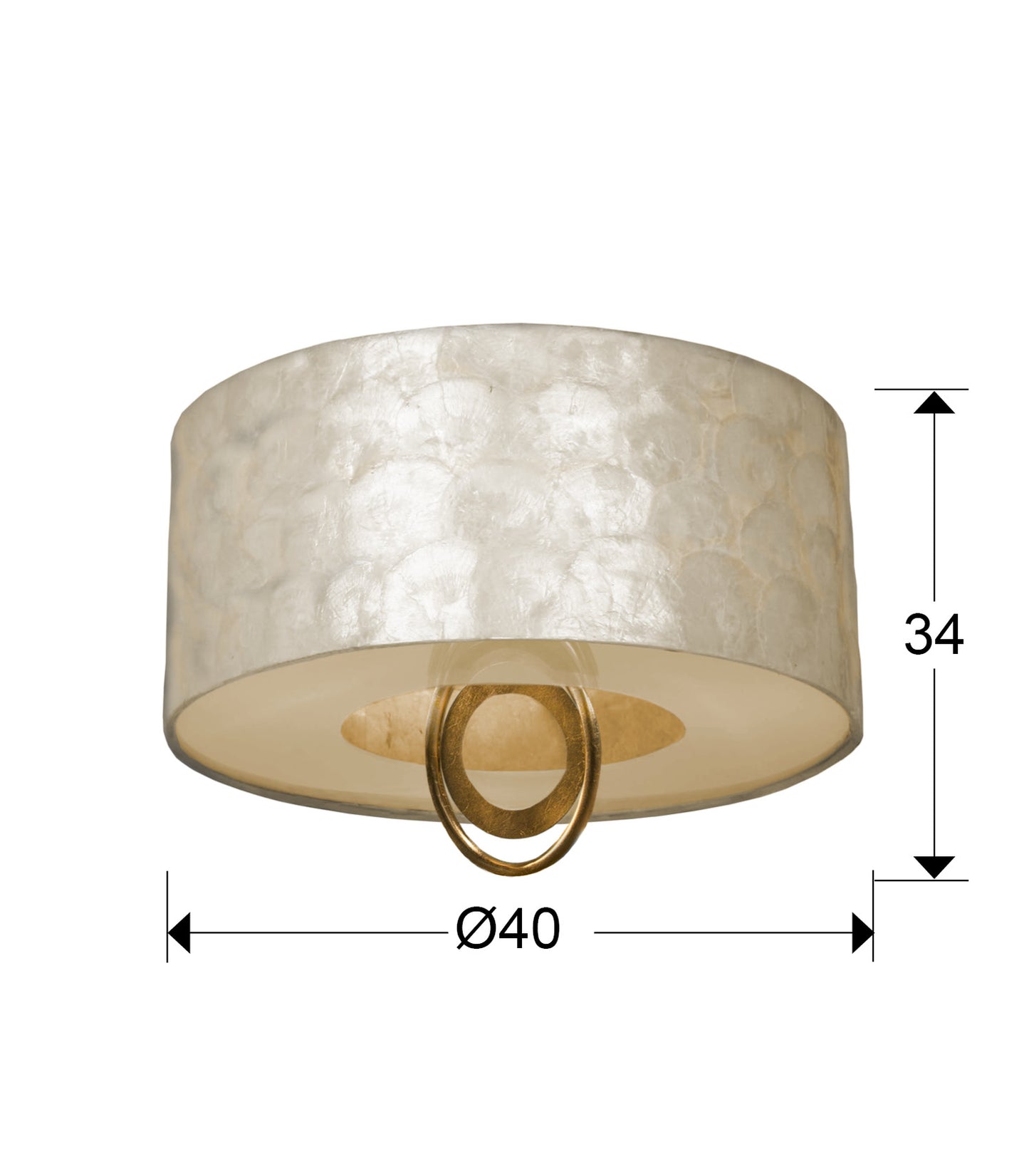 Medidas Plafón Schuller Edén Oro Ø40 3L (Ref. 716583): Ø40cm, Alto 34cm, Pantalla Ø40cm x Alto 20cm, Florón Ø12cm x Alto 2cm.
