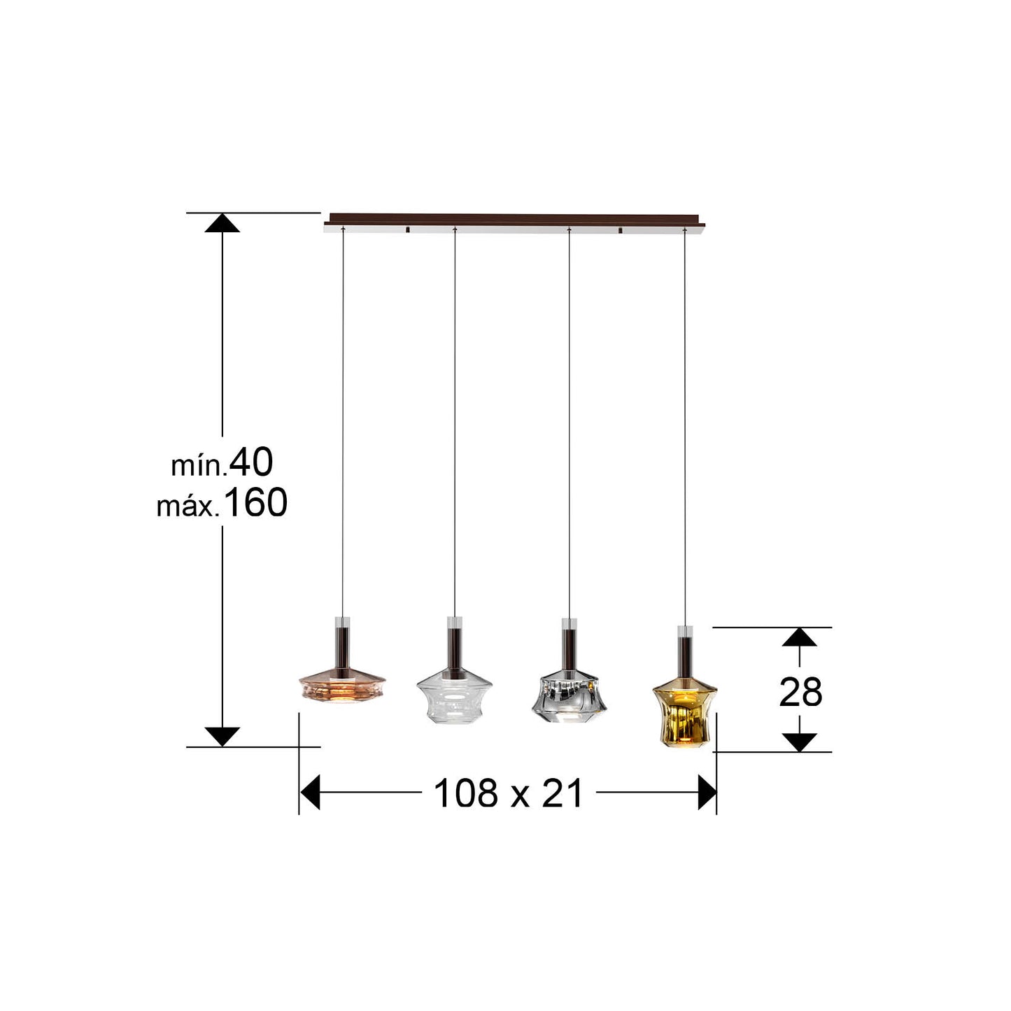 Medidas Lámpara Scarlet 4 Luces Schuller 403269: 108x28x21 cm. Iluminación LED 24W, 760lm, 3000K. Bronce.