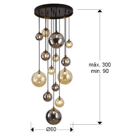 Medidas Lámpara Techo Schuller Dark 439015: Altura regulable 90-300cm, diámetro florón 50cm, pantalla 20cm. Iluminación interior.