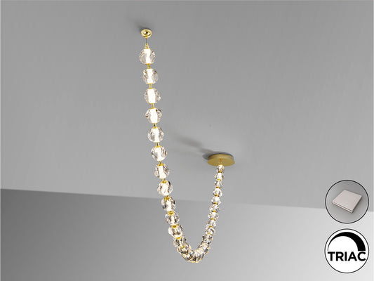 Lámpara Zaria II dorada SCHULLER - Detalle de la lámpara de metal y 29 tulipas de acrílico transparente. Ref. 448925. Iluminación LED 105W, 3000K, 8704 lúmenes. Incluye driver TRIAC y sistema de regulación.