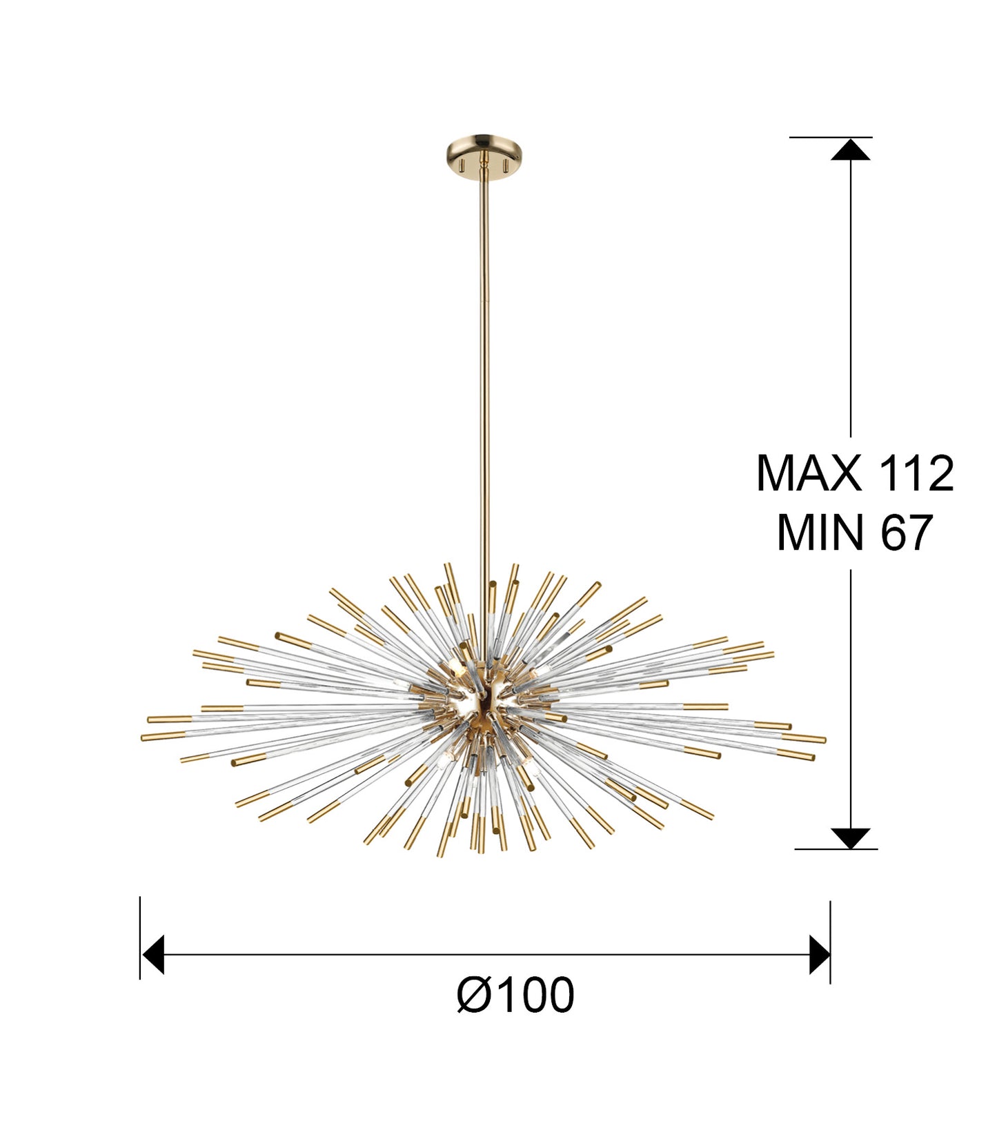 Medidas Lámpara Evasión Oro Dimmable Schuller 381635D: Alto 67-112cm, diámetro florón 12cm, alto florón 3cm. Peso 6.8kg.