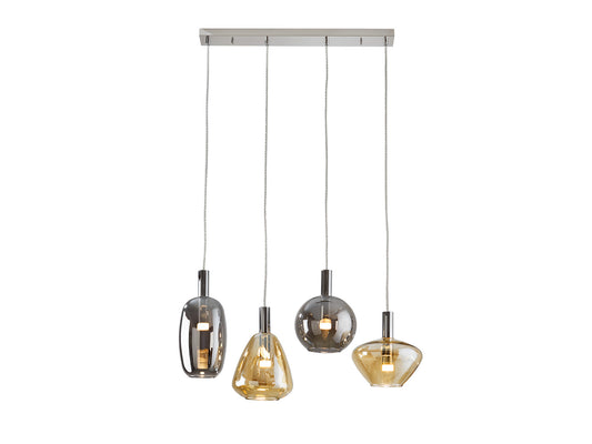 Lámpara I3 Nara 4 luces LED Schuller - Detalle de la elegante lámpara de metal cromado con tulipas de cristal ámbar y smoke, difusor opal y altura regulable (Ref. 563047).