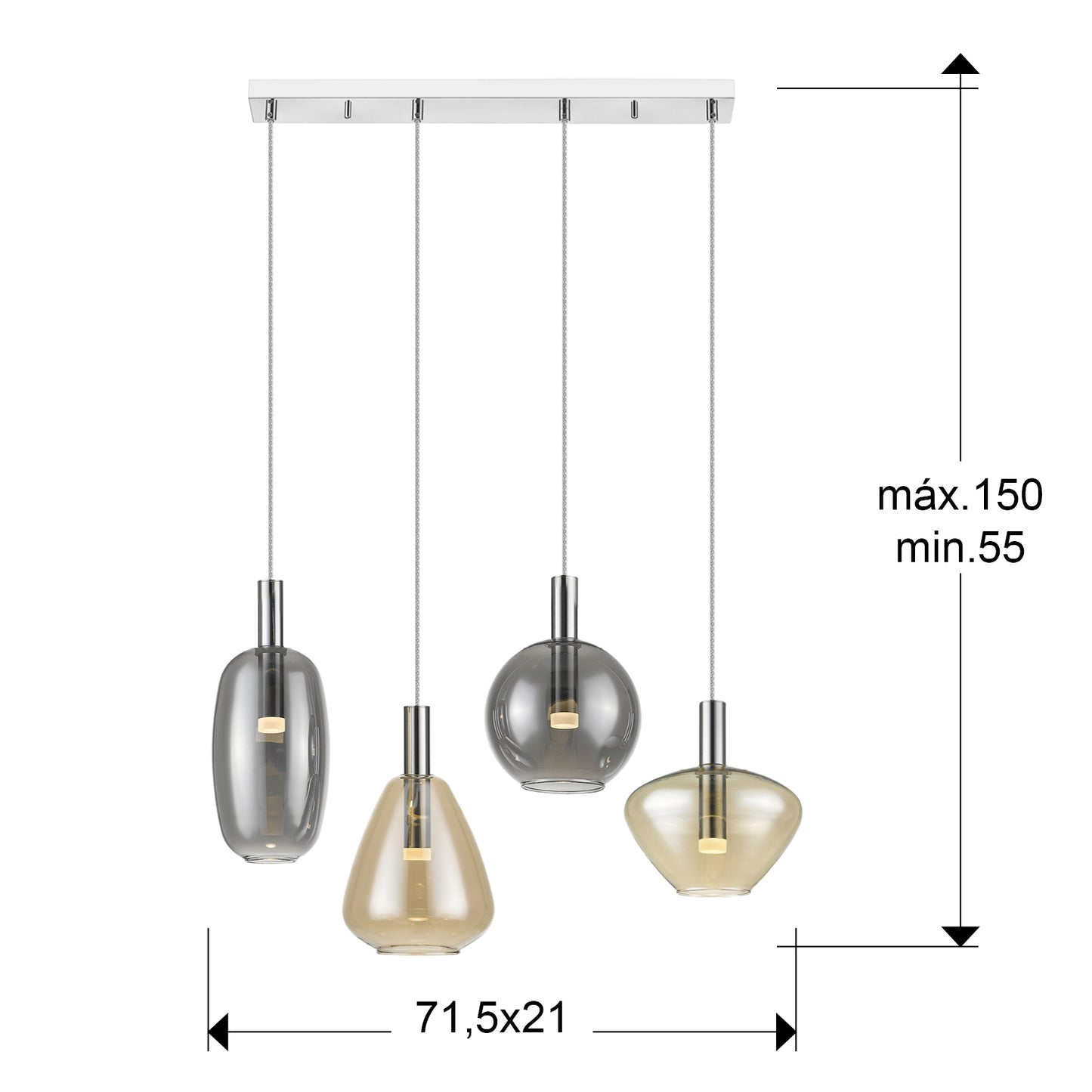 Medidas Lámpara I3 Nara 4 Luces Schuller 563047: 71,5x95x21 cm (Ancho x Alto x Fondo). Altura regulable 55-150 cm.
