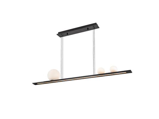 Lámpara Mila Negra SCHULLER - Detalles de la Ref. 504324: Aluminio cepillado, 3 tulipas cristal blanco, difusor acrílico opal, 31W LED, 3000K. Iluminación elegante y moderna.
