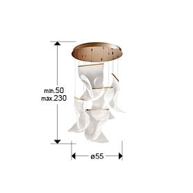 Medidas Lámpara Velos Oro Rosa Schuller 609583: Alto 95cm (min 55cm, max 230cm), pantalla 24x40x1cm, florón 45cm diámetro. Peso 6.44kg.