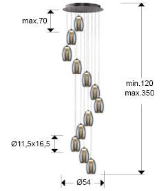 Medidas Lámpara Nebula LED Cromo Schuller 584541: Alto 120-350cm, pantalla 17x12cm, florón 45cm. Peso 8.73kg.