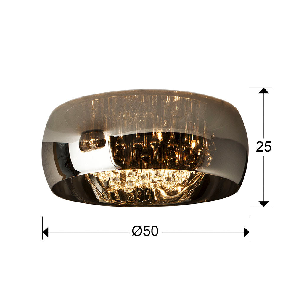 Medidas Plafón Argos Ø50 Dimmable Schuller 508030D: Ø50cm (pantalla), 25cm (alto total), florón Ø38cm x 10cm (alto). Incluye detalles de dimensiones de pantalla y florón.