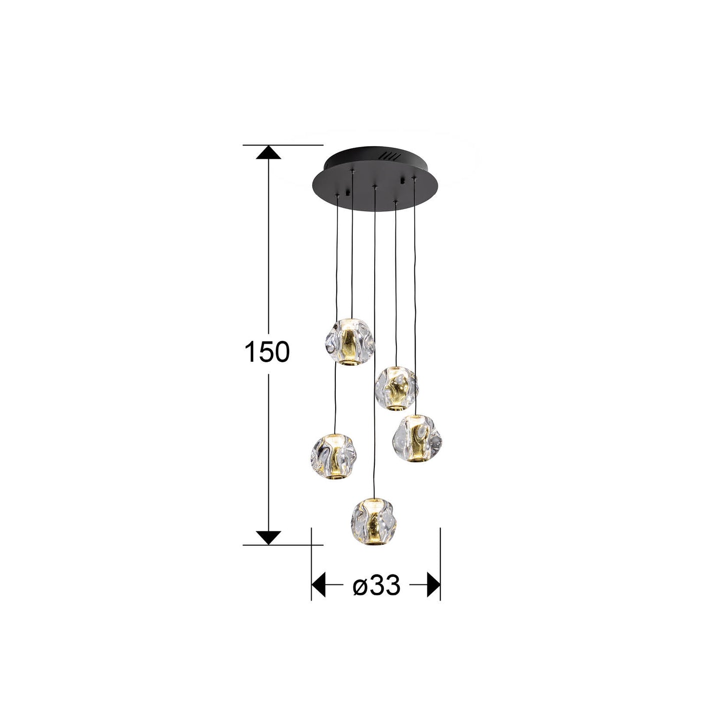 Medidas lámpara Schuller Zaria 5 luces (Ref. 501965): Ø33cm, 150cm (alto), 4,6kg. Diseño negro mate con detalles dorados y tulipas transparentes.