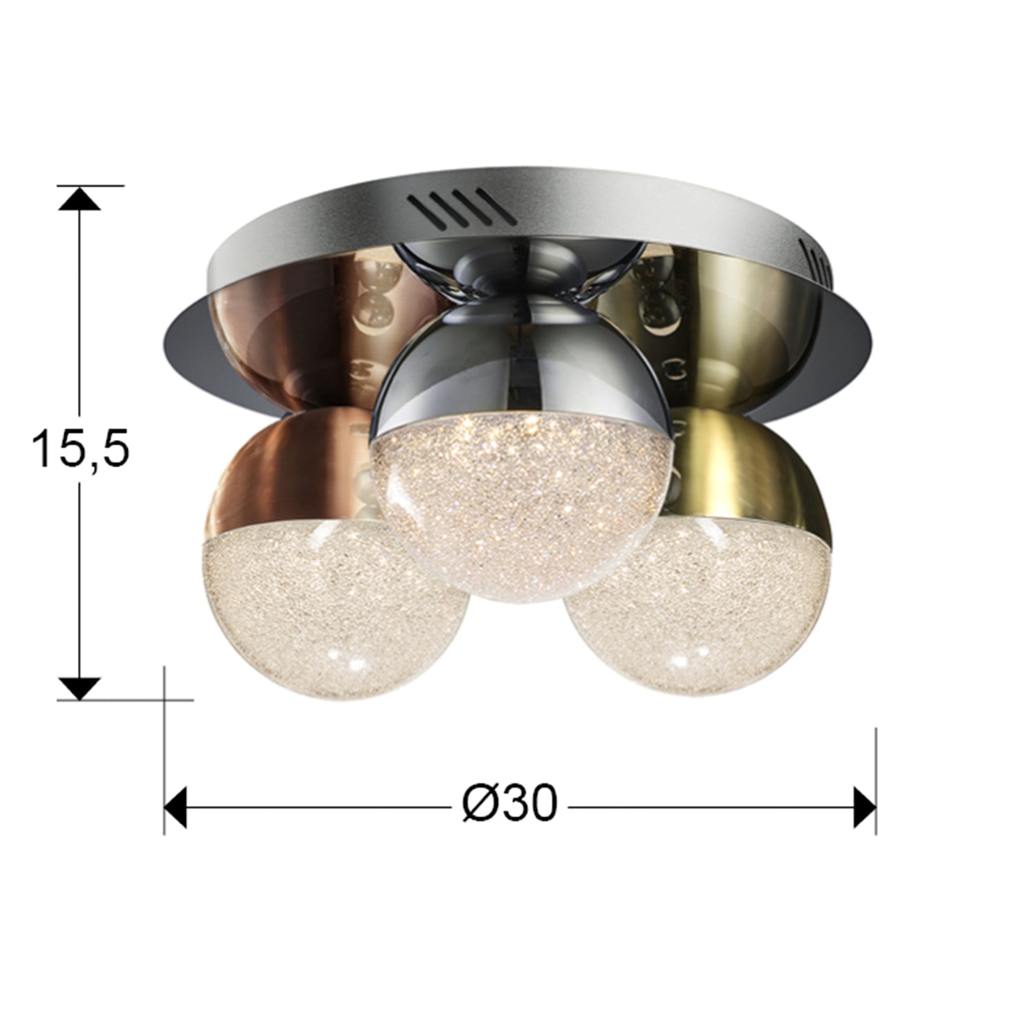 Medidas Plafón LED Schuller Sphere 794025: Ø30cm, Alto 15cm. Incluye tulipas Ø12cm, florón Ø25cm, Alto 4cm.