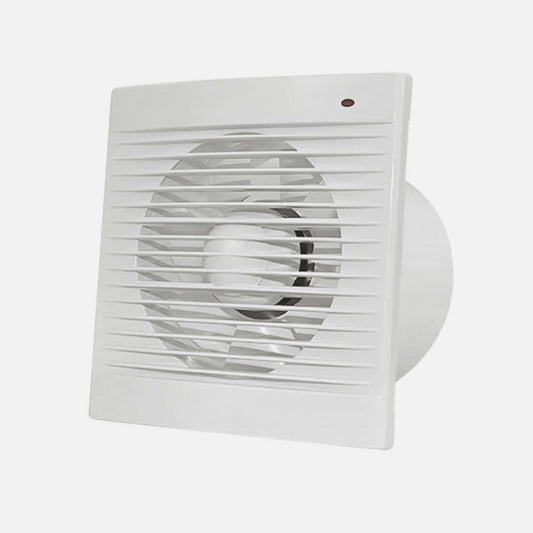 Detalles del Extractor de Baño Fabrilamp/Abrila Trani (Ref. 239161501), blanco, 15W, silencioso (35dB), cuadrado 15,5x15,5x8,2cm, para tubos de 10cm. Luzgurú.