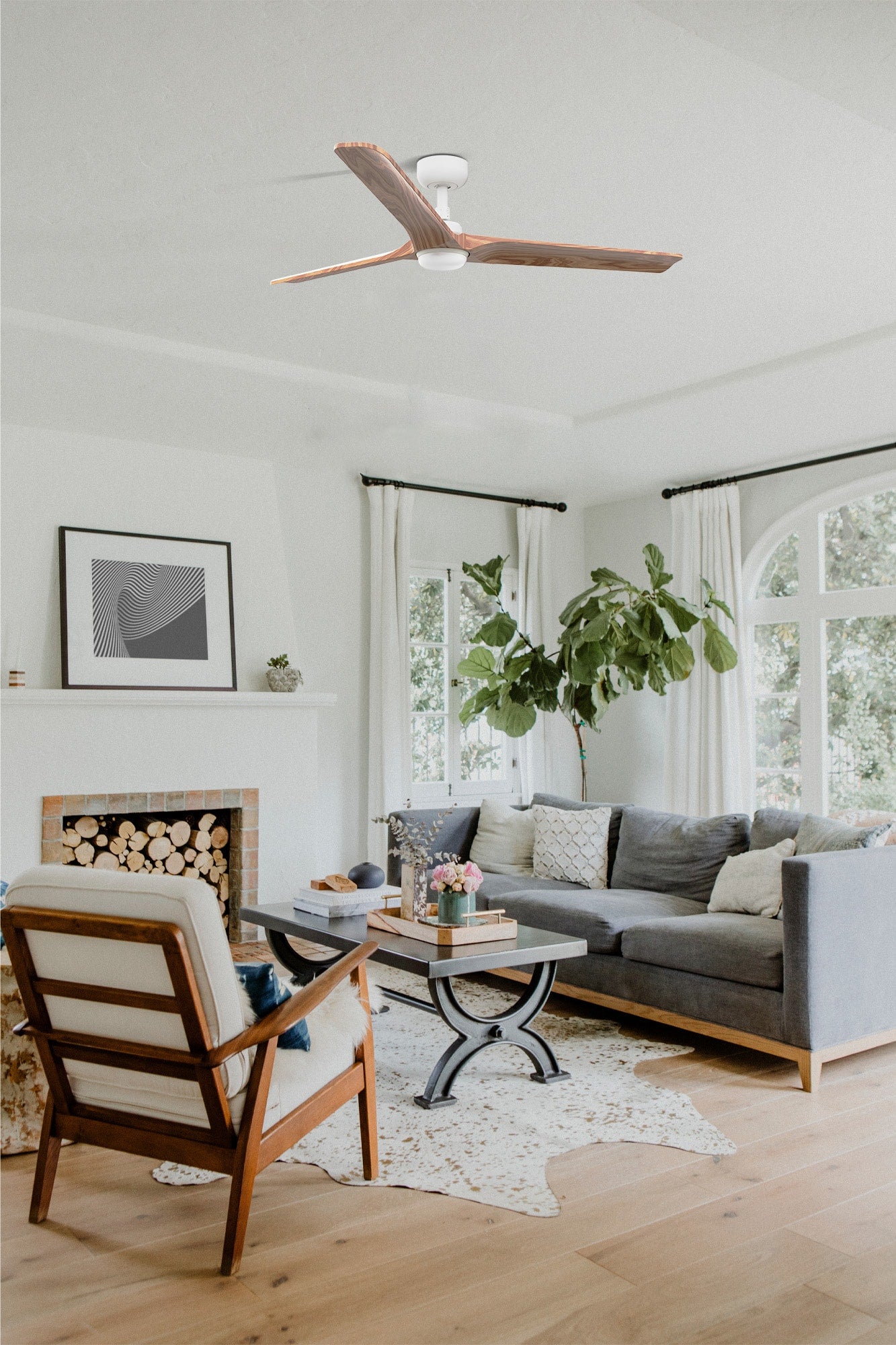 Ventilador de techo LED blanco con motor DC silencioso FARO 3809, ref. 33810-1TW LUZGURU, diseño moderno en madera clara