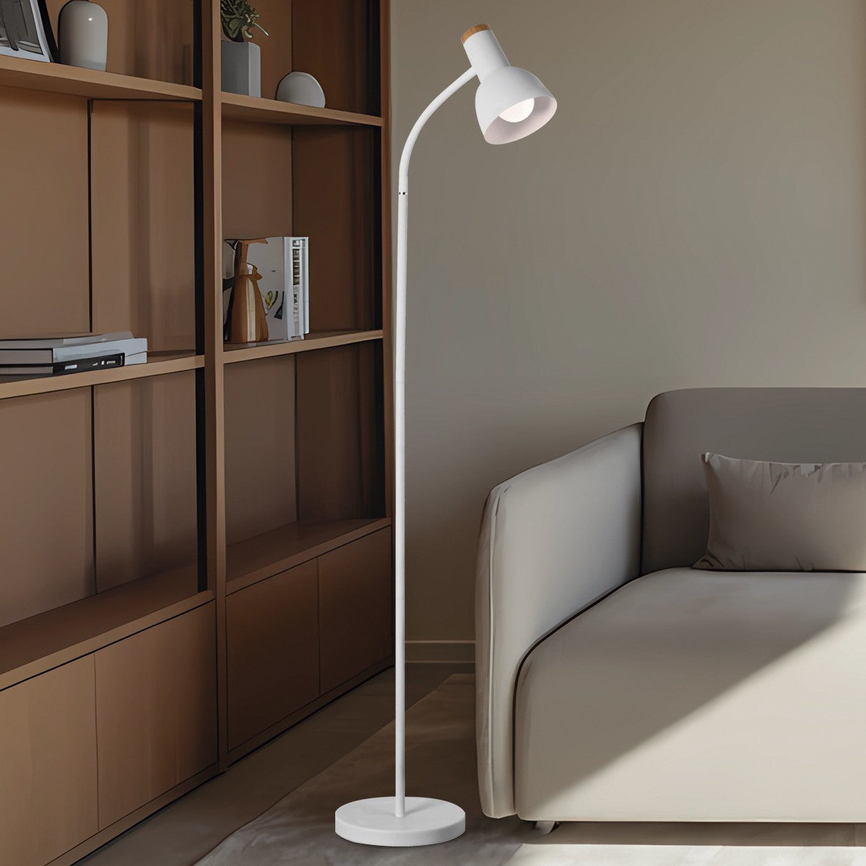 Pie de salón Ander instalado en salón moderno - Ambiente con detalles madera