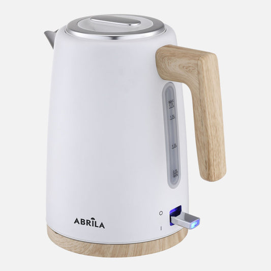 Hervidor de Agua Thaler 1,7 L 2200 W Blanco/Haya/Plata Fabrilamp instalada en ambiente decorativo de salón o dormitorio | Fabrilamp / Abrila