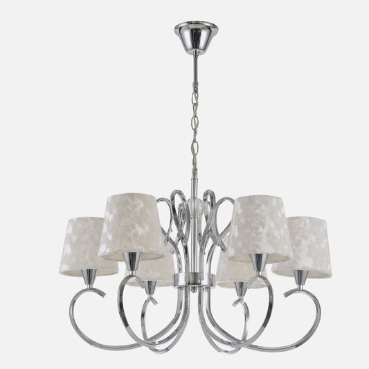Lámpara Cancún fabricada en metal cromo y textil blanco con detalles de cristal