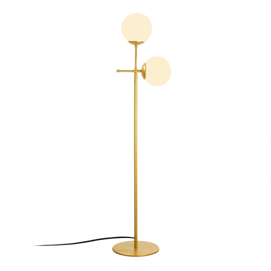 Lámpara de pie fabricada en metal y cristal mate color oro
