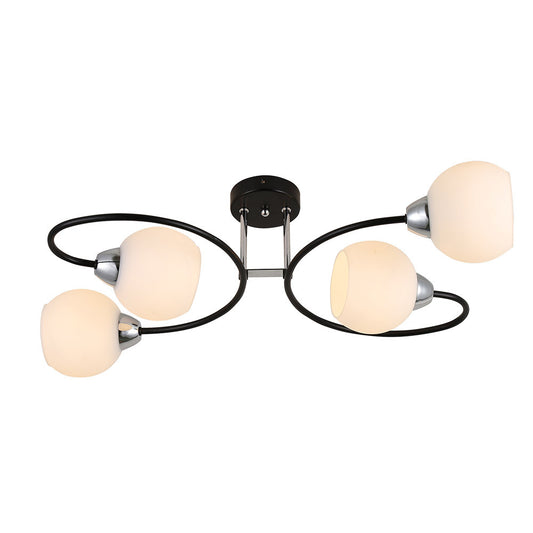 Lámpara Fuji fabricada en metal color negro y cromo, con tulipas de cristal blanco para luz difusa