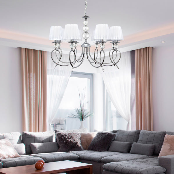 Detalles de la Lámpara de Techo RIN de Fabrilamp/Abrila (Ref. 097058020): elegante diseño cromo, metal y cristal, 80x60cm, 8 luces E14. Iluminación elegante para tu hogar. LUZGURÚ.