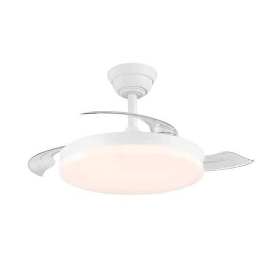 Ventilador de Techo con Luz LED Milky Mini Eco 39W Blanco CristalRecord instalada en ambiente decorativo de salón o dormitorio | CristalRecord