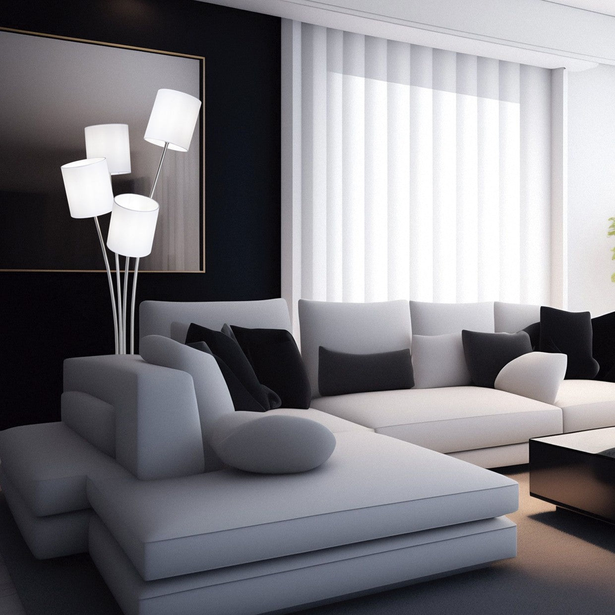 Medidas del pie de salón Sebastien 11395 de AJP/Alemar, lámpara de 4 luces con diseño elegante en níquel satinado. LuzGuru.