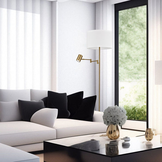 Lámpara de pie Barack Latón AJP/Alemar (Ref. 11384) - Medidas detalladas. Iluminación salón, diseño articulado, pantalla tela. LuzGuru.