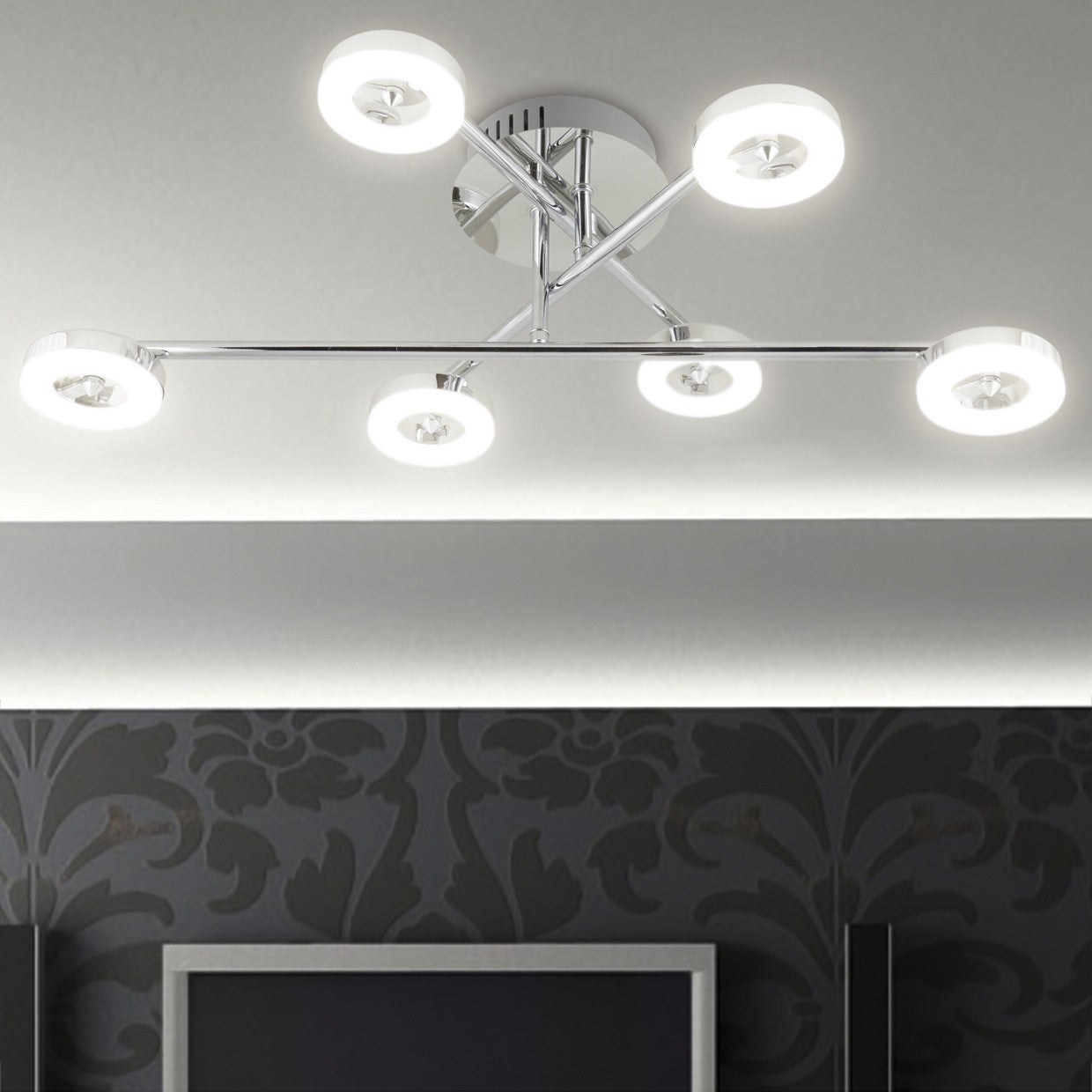 Plafón LED Natal AJP/Alemar (Ref. 10508): Dimensiones del elegante diseño cromado que iluminará tu espacio con una cálida luz de 3000k. Luzguru.com