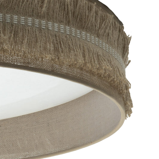 Plafón de tela de saco fabricado en textil color natural con doble pasamanería de flecos