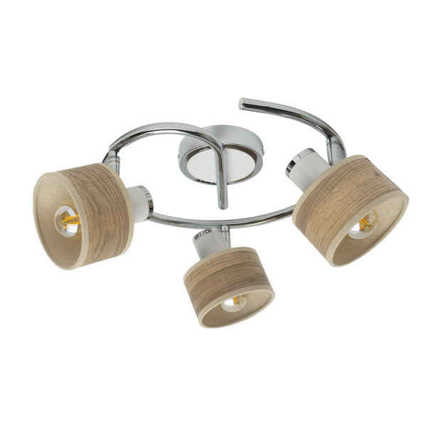 Plafón de Techo Nando 3 Focos E14 Cromo y Madera Clara Fabrilamp - vista principal | Fabrilamp / Abrila