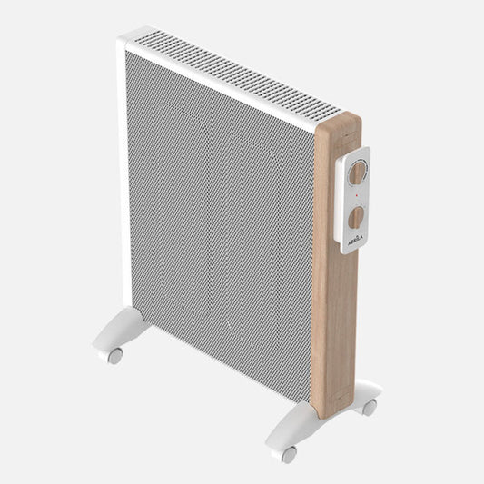 Radiador de Mica Badin 2000W Blanco/Madera con Termostato Fabrilamp instalada en ambiente decorativo de salón o dormitorio | Fabrilamp / Abrila