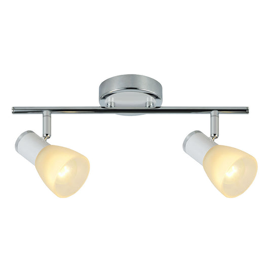 Regleta Cholo fabricada en metal y cristal blanco/cromo, ideal para interiores.
