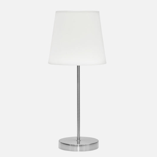 Lámpara Maldivas fabricada en metal color níquel con pantalla textil blanca