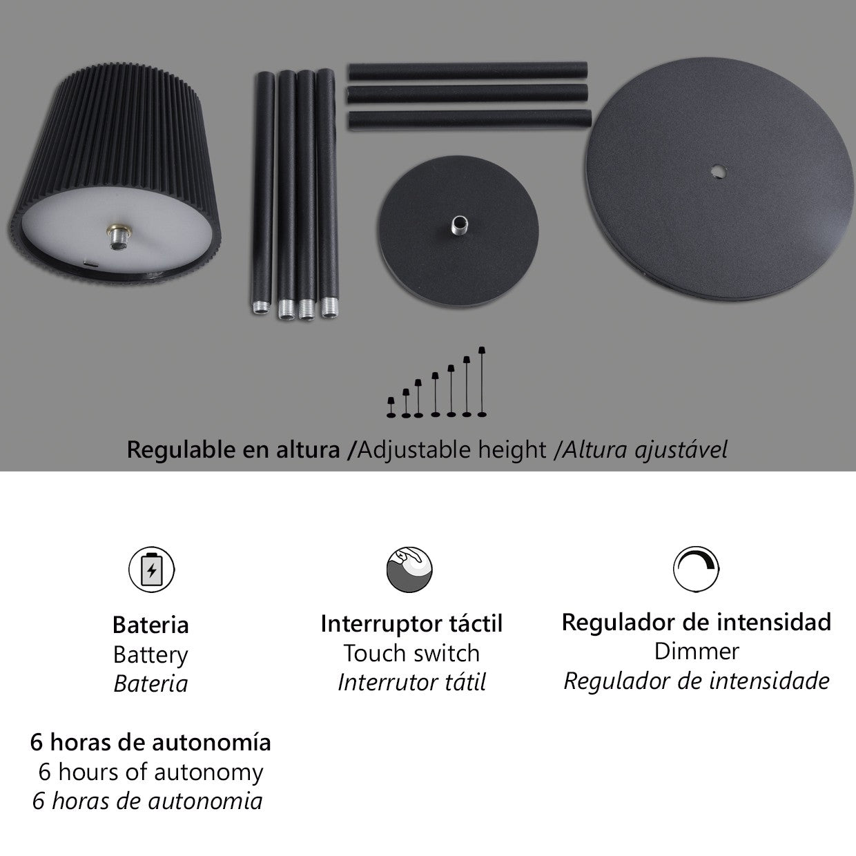 Lámpara sobremesa/pie Sunset LED 5W Negro AJP/Alemar (Ref. 11729): Dimensiones detalladas. Iluminación elegante y portátil con batería recargable. LuzGuru.com