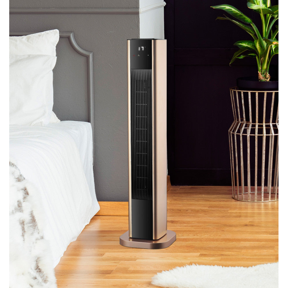 Termoventilador vertical fabricado en policarbonato color oro, ideal para calentar espacios pequeños.